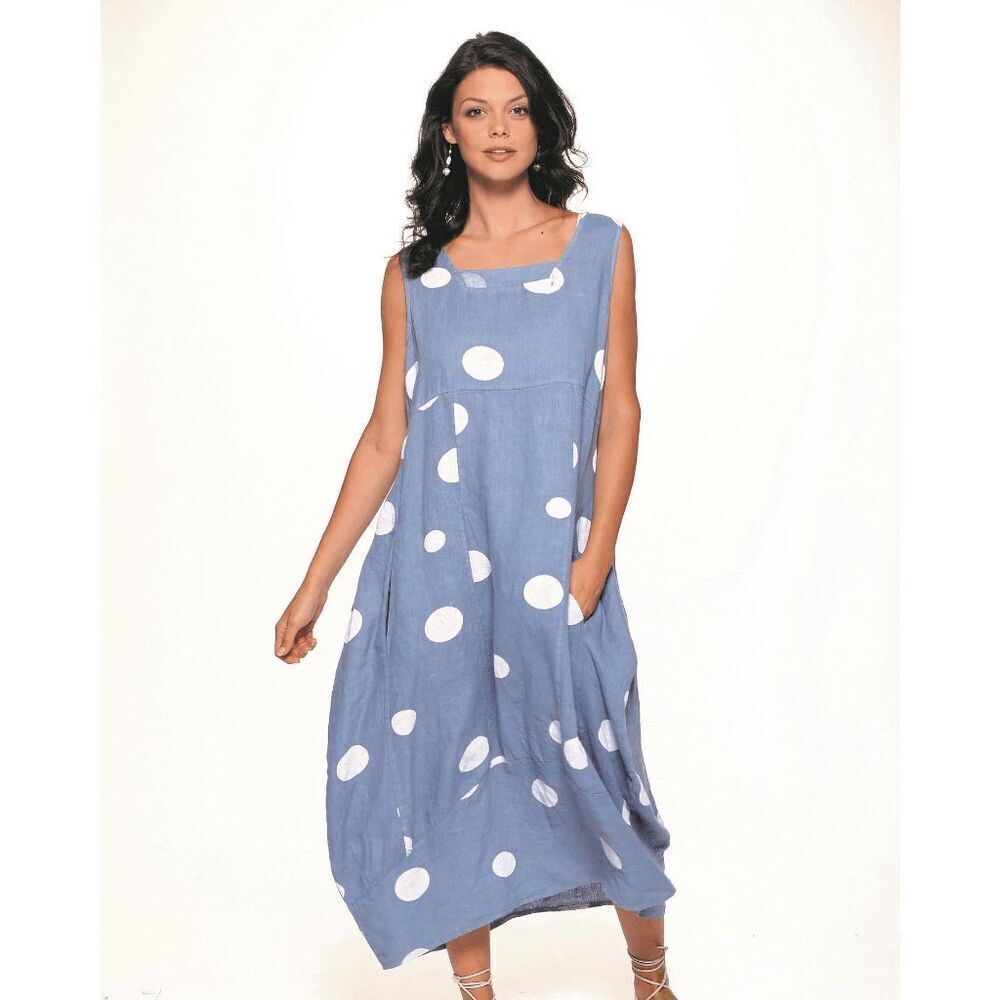Lands Downunder Blue Polka Dot Chambray Linen Sleeveless Midi Dress Size Large